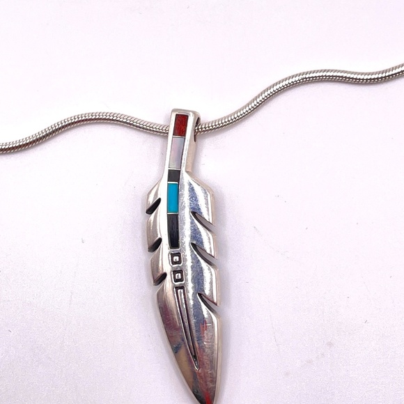Ray tracey onyx pendant - Gem Ray Tracey Navajo Eagle Feather Necklace Turquoise Onyx Coral Inlay Pendant 925